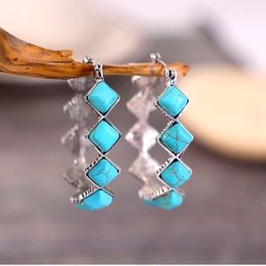 Turquoise Hoop Western Silver Color Earrings
